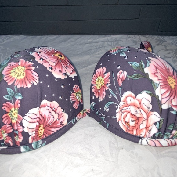 Studded Padded Bikini Top Light Push Up Floral Swim Top Swimsuit 34D Flower S/M - Picture 2 of 8